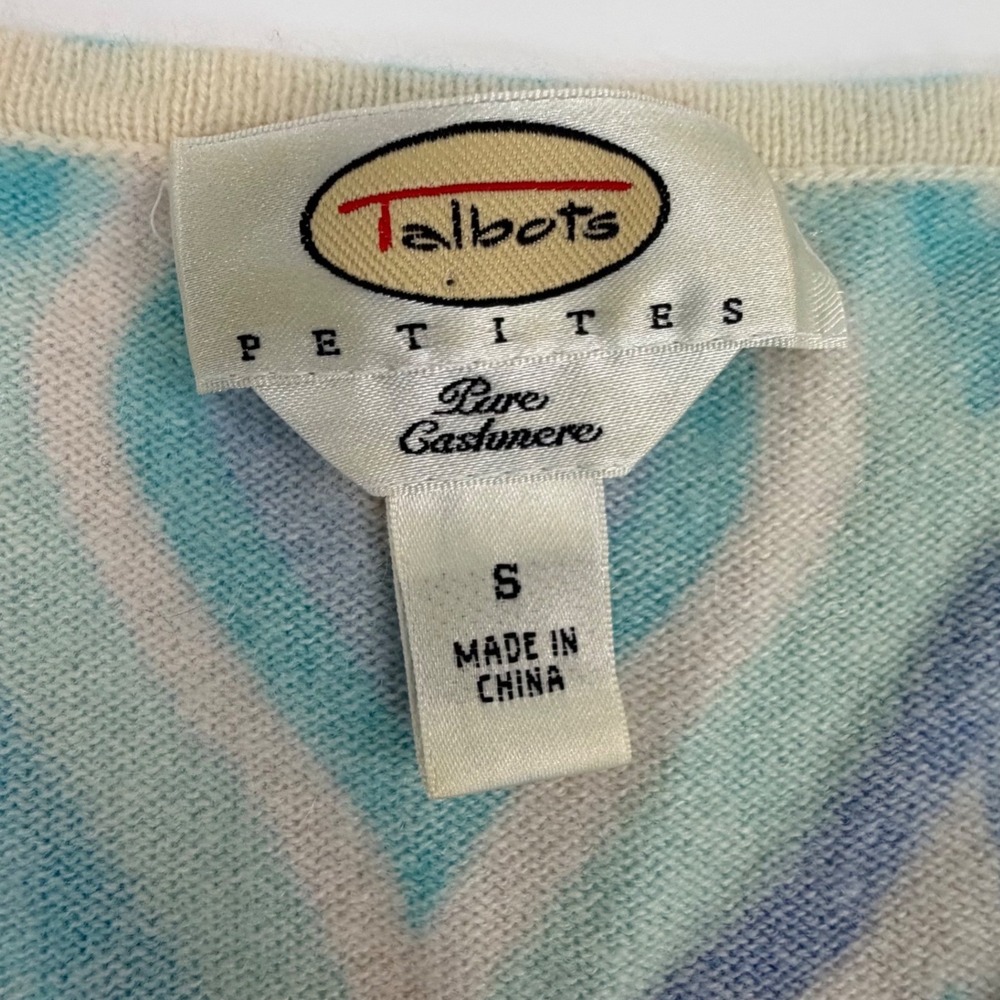 Talbots Pure Cashmere V-Neck Sweater Blue Geometric Teardrop Print Y2K Petites S - Picture 4 of 4